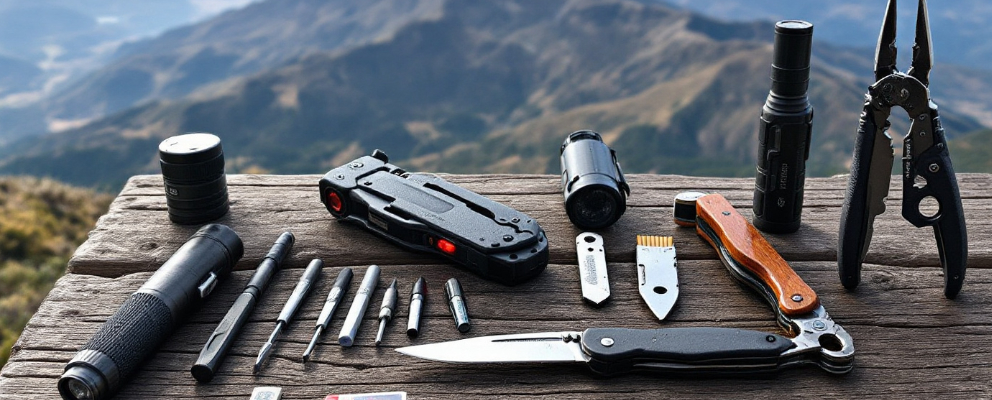 Collection of essential survival multi-tools displayed on a wooden surface