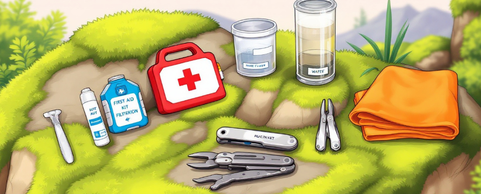 An organized DIY survival kit with essential components on display outdoors.