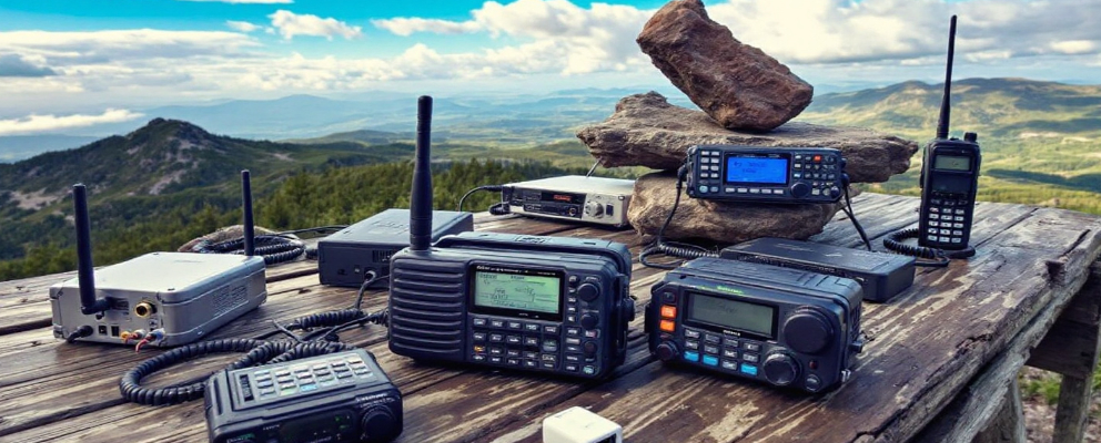 Various off-grid communication devices including two-way radios, ham radios, satellite phones, and a mesh network setup in an outdoor environment.